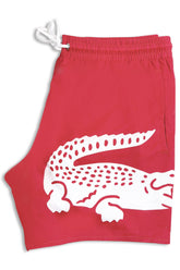 Men's Lacoste Red Large Crocodile Logo Print Swim Shorts