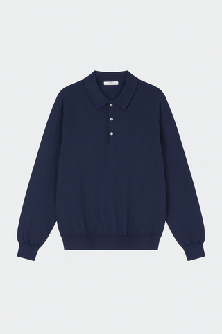 Men's Boglioli Fitted Dark Blue Knitted Long Sleeve Polo Shirt