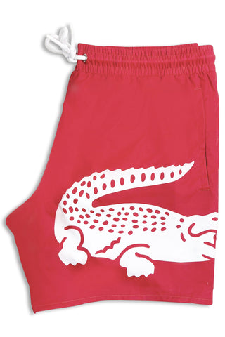 Men's Lacoste Red Large Crocodile Logo Print Swim Shorts