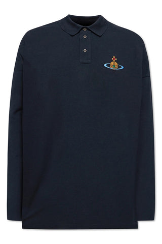 Men's Vivienne Westwood Long Sleeve Navy Oversized Piqué Polo Shirt