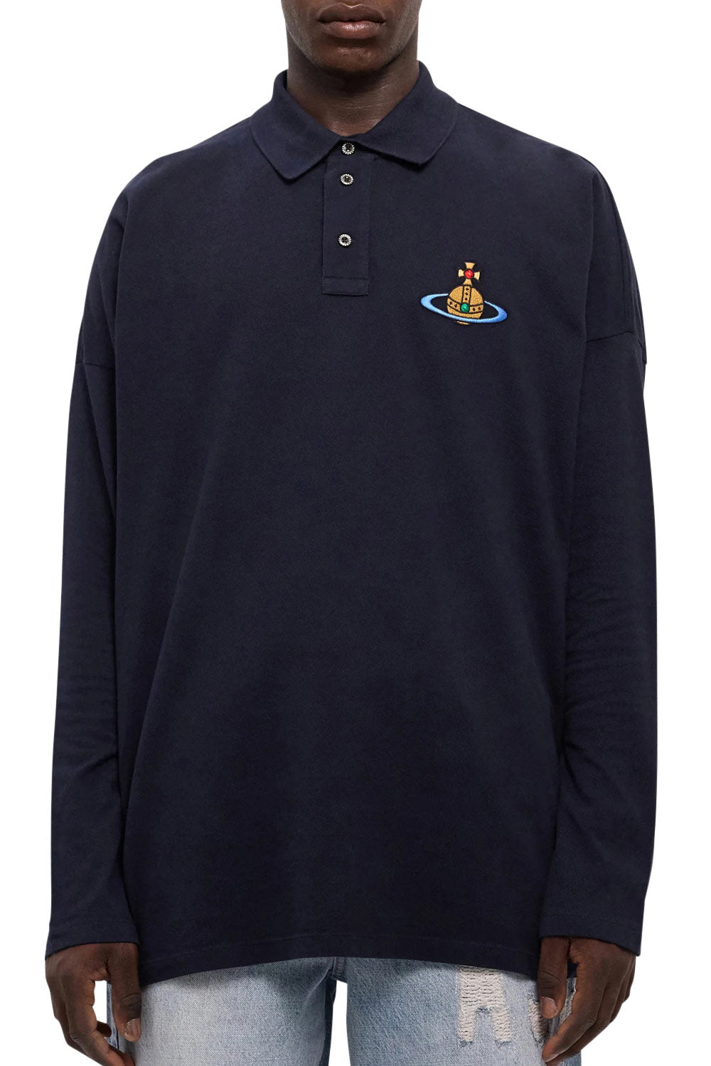 Men's Vivienne Westwood Long Sleeve Navy Oversized Piqué Polo Shirt