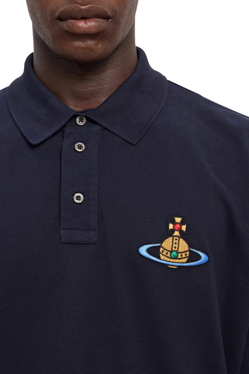 Men's Vivienne Westwood Long Sleeve Navy Oversized Piqué Polo Shirt