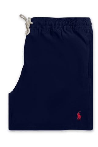 Men's Navy Polo Ralph Lauren Traveller Slim Fit Swim Shorts Red Logo