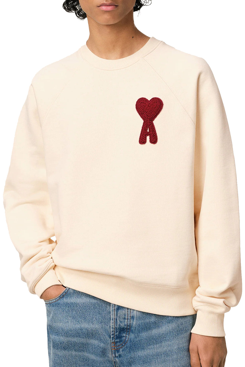 Men's White Cream Cotton Ami De Coeur Red Patch Sweatshirt