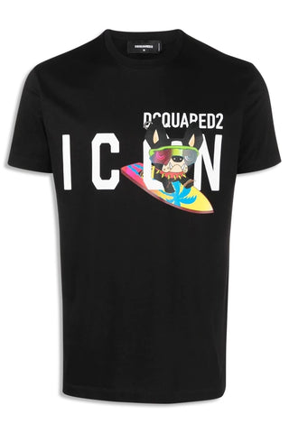 Men's Black DSquared2 Icon Surf Dog logo Print T-Shirt