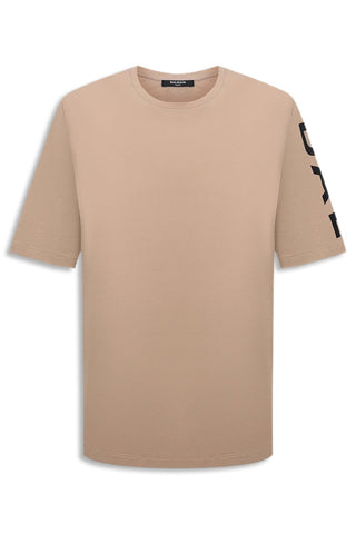 Men's Sand Balmain Logo Printed Oversize T-Shirt