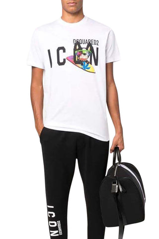 Men's White DSquared2 Icon Surf Dog logo Print T-Shirt