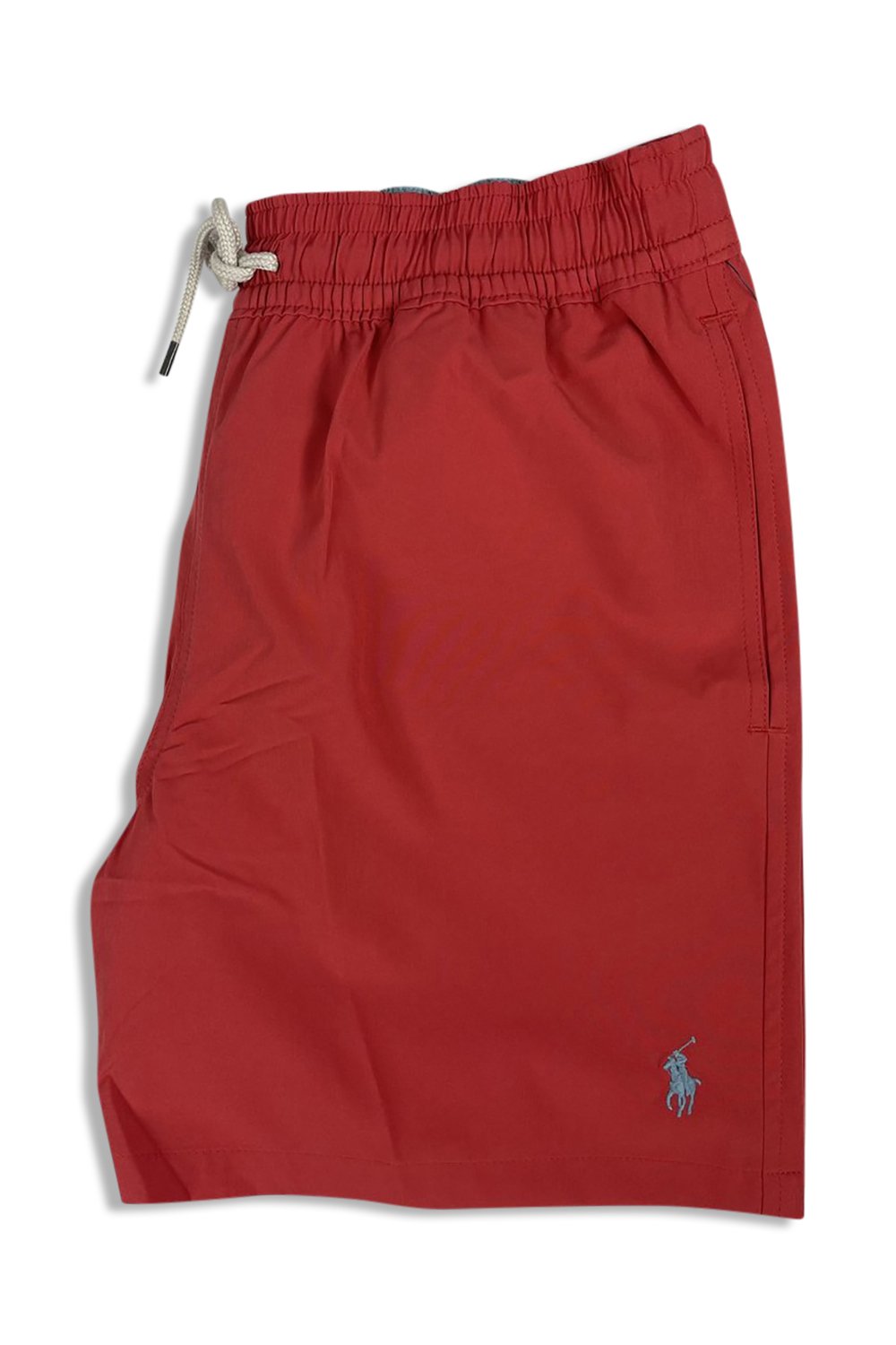 Men's Red Polo Ralph Lauren Traveller Slim Fit Swim Shorts Light Blue Logo