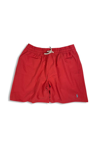 Men's Red Polo Ralph Lauren Traveller Slim Fit Swim Shorts Light Blue Logo